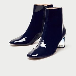 ZARA Navy Blue Patent Finish Ankle Boots.